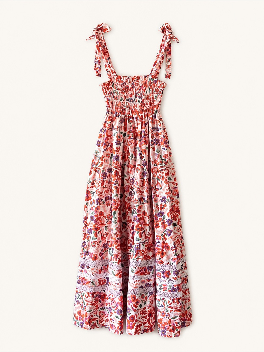 Mi Golondrina Valeria Floral Maxi Dress Red Garden Cotton Smocked Bodice  Size S
